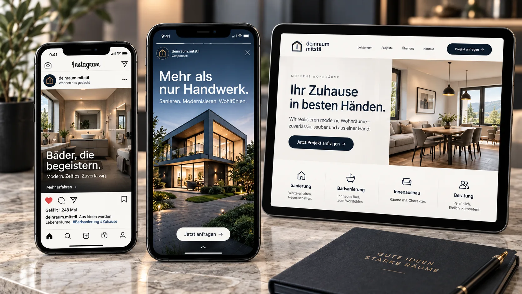 Socialmediaberichten, een advertentie en een landingspagina van een bedrijf op smartphone en tablet