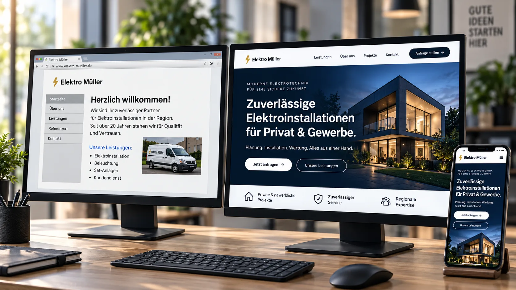 Voor en na: een verouderde bedrijfswebsite naast een modern redesign op desktop en smartphone